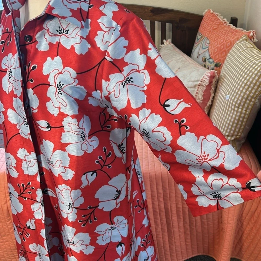 WAYWARD FANCIES eShakti Floral Print Dupioni Kimono Style Trench Jacket size M - Picture 6 of 16
